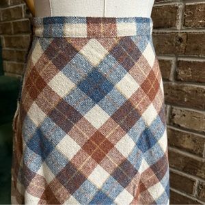 VTG 70s 80s Retro Brown Cream & Blue Plaid Wool Blend A-Line Midi Skirt